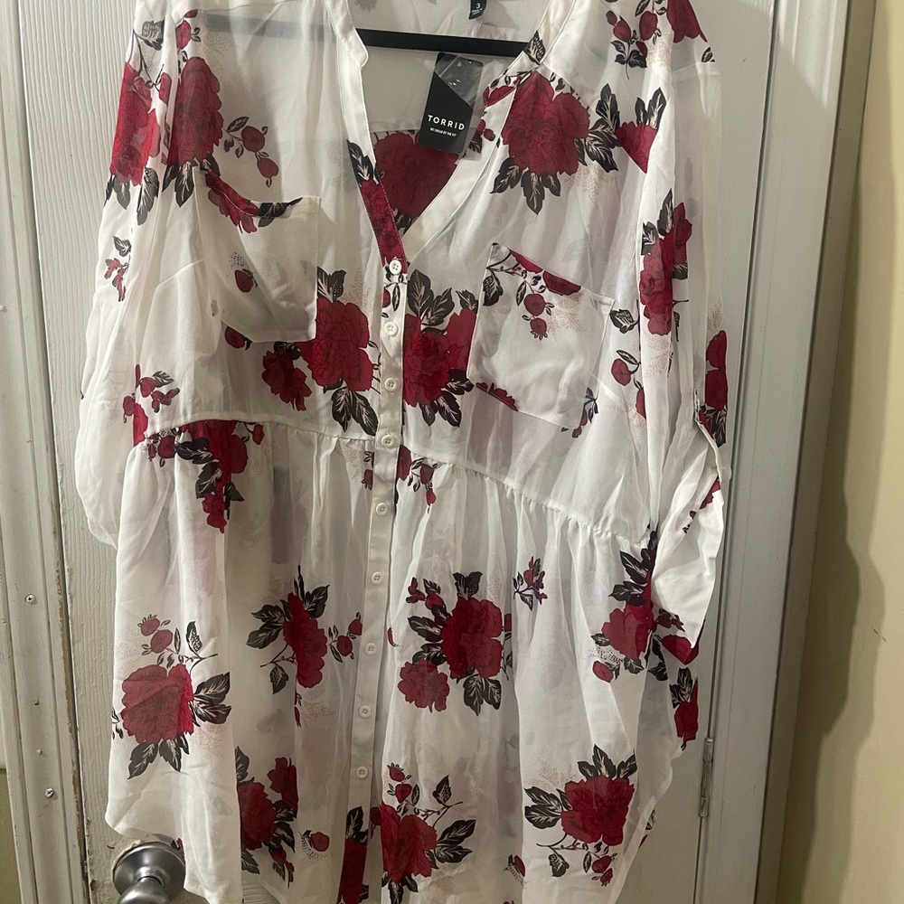 NEW Torrid Sheer White Blouse with Red Floral Design